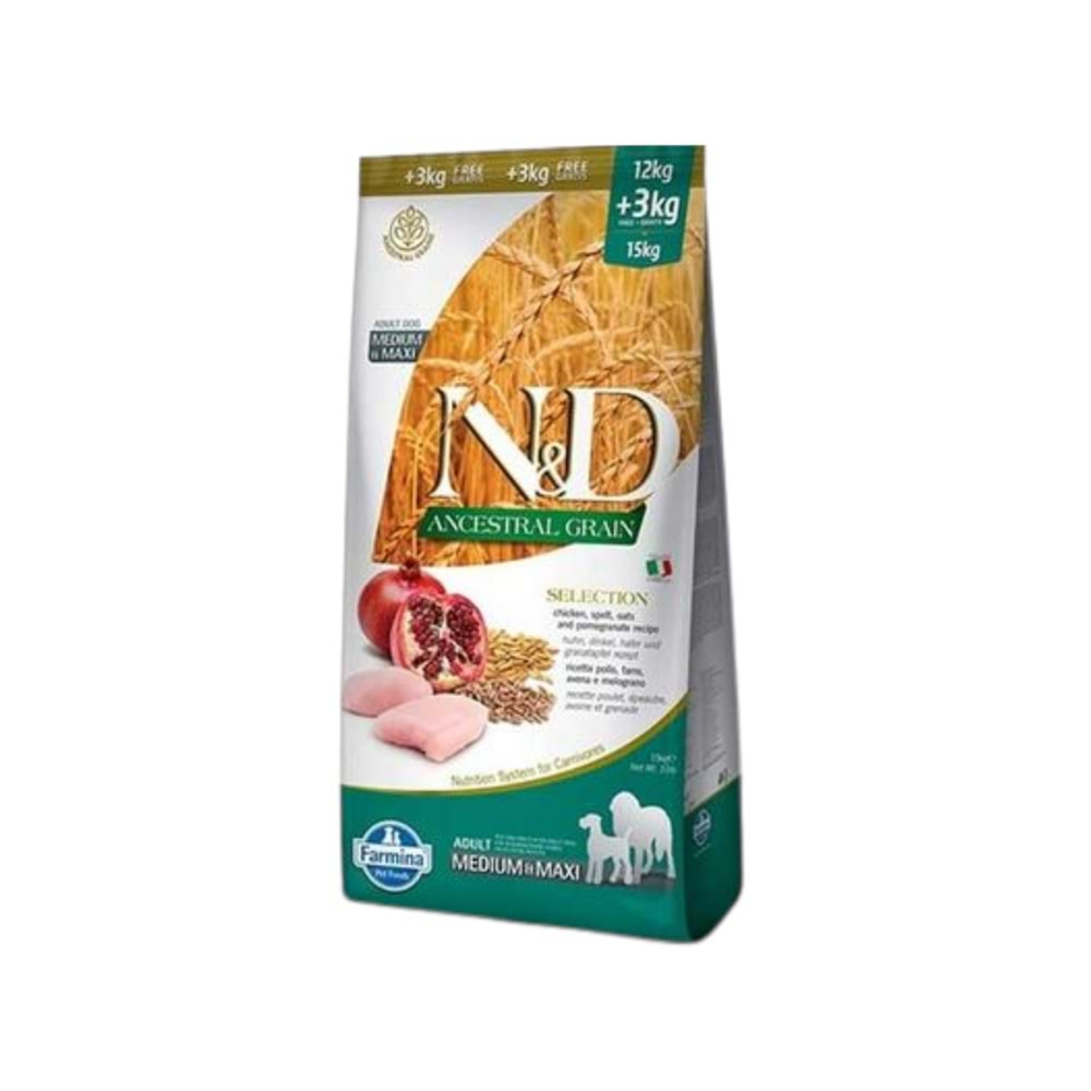 N&D Ancestral Grain Tavuklu Narlı Büyük ve Orta Irk Yetişkin Köpek Maması 12+3 KG