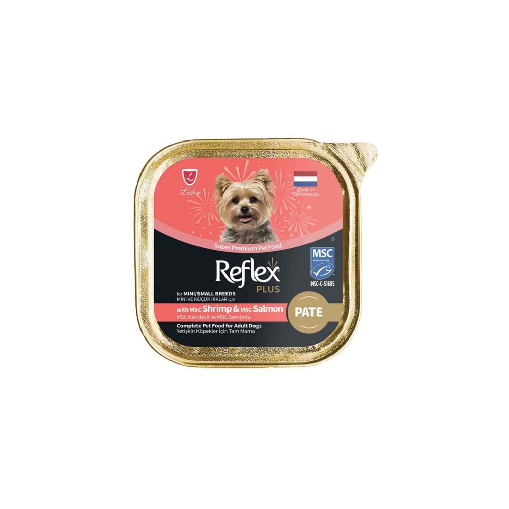 REFLEX Plus Pate Msc Karidesli Ve Msc Somonlu Mini Ve Küçük Irklar İçin Yetişkin Köpek Konservesi 85gr