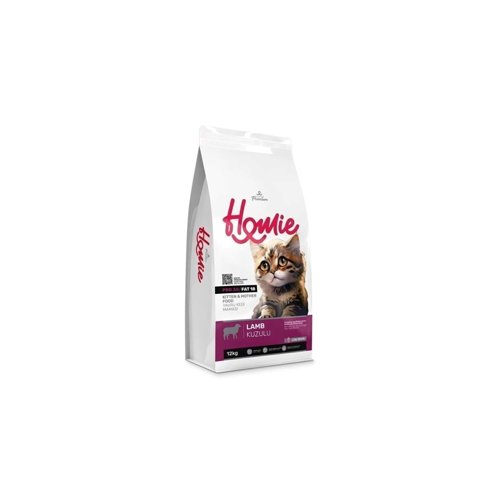 HOMIE PRO38/FAT38 Super Premium Düşük Tahıllı Kuzulu Yavru ve Anne Kedi Maması 12 Kg