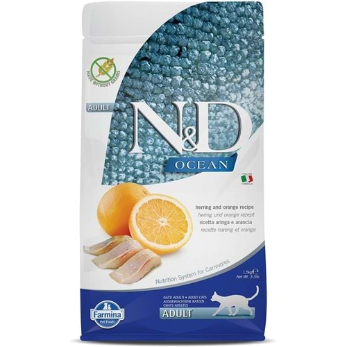 N&D Ocean Ringa Balıklı Portakallı Kısırlaştırılmış Yetişkin Kedi Maması 1,5 Kg