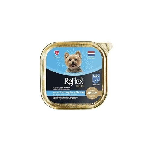 REFLEX Plus Jöle İçinde Et Parçacıklı Msc Ringabalıklı Ve Msc Karidesli Mini Ve Küçük Irklar İçin Yetişkin Köpek Konservesi 85gr