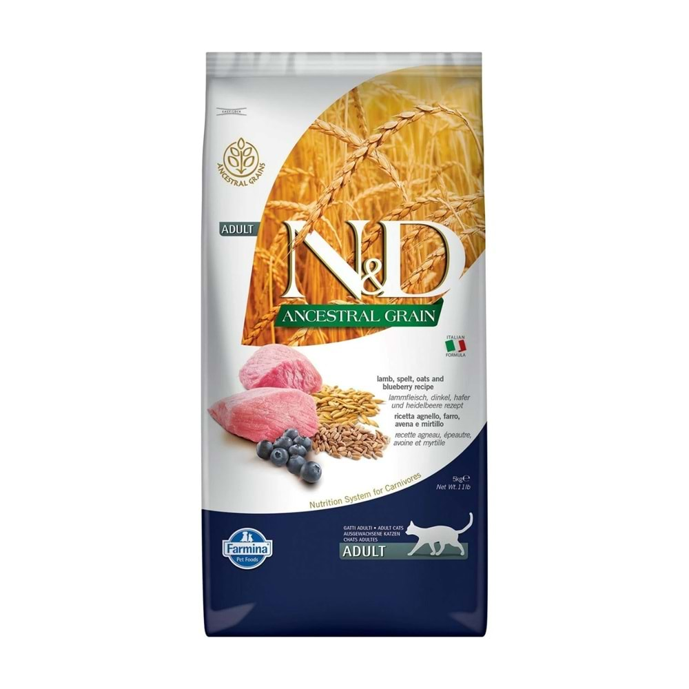 N&D Ancestral Grain Kuzu Etli ve Yaban Mersinli Ata Tahıllı Yetişkin Kedi Maması 5 Kg